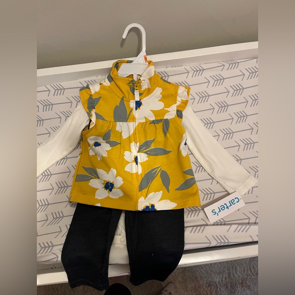 NWT Carters Yellow Floral Vest with White Long Sleeve and Pants